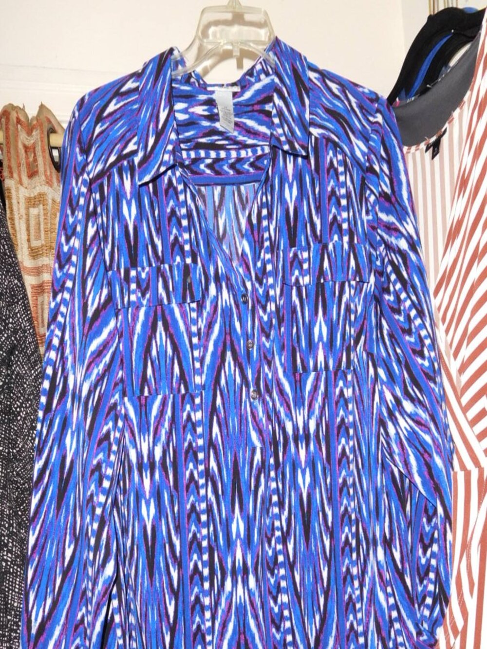 2X 22W 24W CATHERINES BLUE BLACK SW PRINT TUNIC BLOUSE TAB SLEEVES